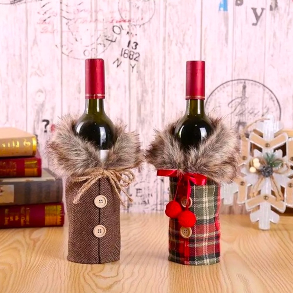Christmas Faux Fur Button Down Wine Bottle Covers